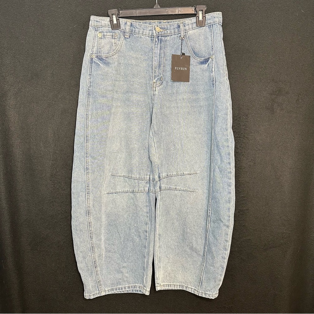 Women's L (8-10) Blue Denim Mid-rise Wide Leg Casual Baggy Jeans - Flvsun